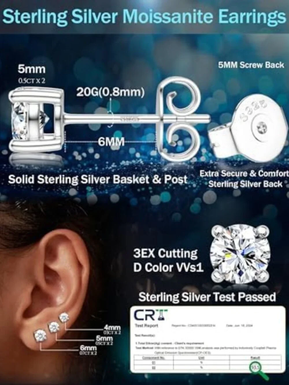 Men's Moissanite Stud Earrings in Sterling Silver, 14K White Gold Plated
